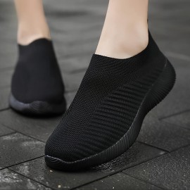 Women's Solid Color Sneakers, Breathable Knit Slip On Outdoor Shoes, Lightweight Low Top Sport Shoes