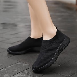 Women's Solid Color Sneakers, Breathable Knit Slip On Outdoor Shoes, Lightweight Low Top Sport Shoes