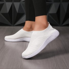 Women's Solid Color Sneakers, Breathable Knit Slip On Outdoor Shoes, Lightweight Low Top Sport Shoes