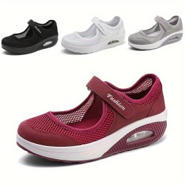 Women's Breathable Mesh Slip-On Sneakers, Lightweight Shock Absorbing Sports Casual Shoes, Comfortable Increased Height Walking Shoes