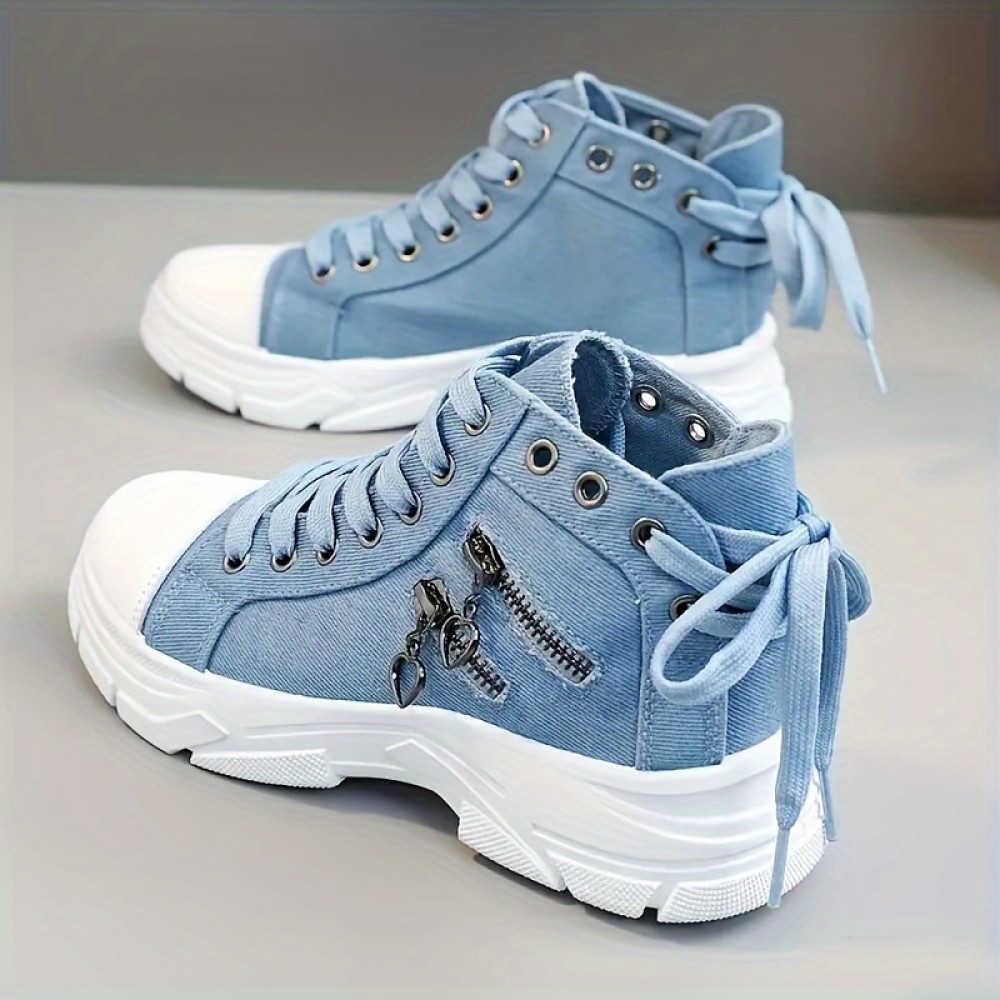 Women's Casual Denim Canvas Shoes, Chunky Sole, Fashion Sneakers With Decorative Zipper Detail, Comfortable Shoes