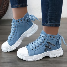 Women's Casual Denim Canvas Shoes, Chunky Sole, Fashion Sneakers With Decorative Zipper Detail, Comfortable Shoes