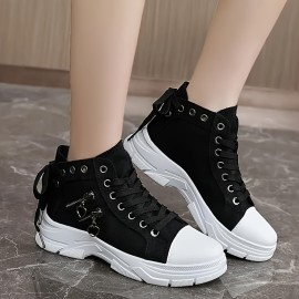 Women's Casual Denim Canvas Shoes, Chunky Sole, Fashion Sneakers With Decorative Zipper Detail, Comfortable Shoes