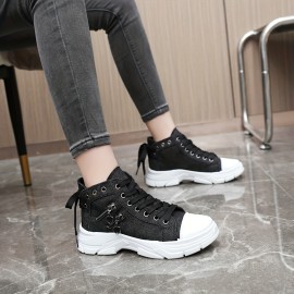 Women's Casual Denim Canvas Shoes, Chunky Sole, Fashion Sneakers With Decorative Zipper Detail, Comfortable Shoes