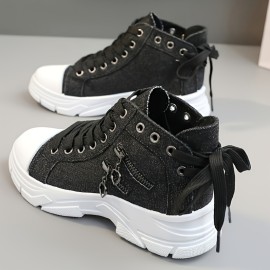 Women's Casual Denim Canvas Shoes, Chunky Sole, Fashion Sneakers With Decorative Zipper Detail, Comfortable Shoes