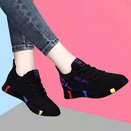 Women's Breathable Mesh Sneakers, Casual Walking Shoes Non-slip Sports Footwear With Letter & Rose Print