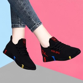 Women's Breathable Mesh Sneakers, Casual Walking Shoes Non-slip Sports Footwear With Letter & Rose Print