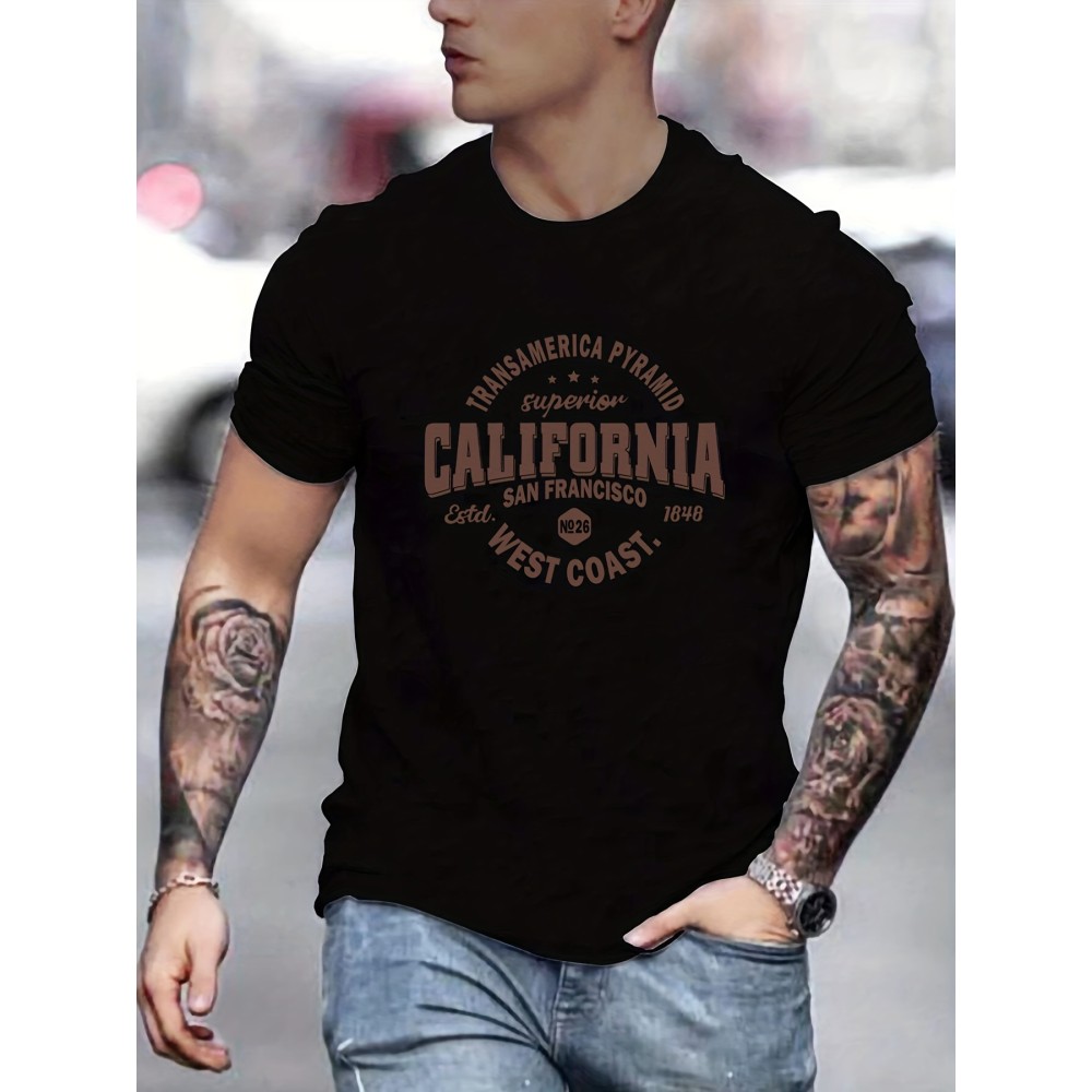 Mens Casual California West Coast Slightly Stretch Crew Neck Short Sleeve T Shirt, Male Clothes For Summer