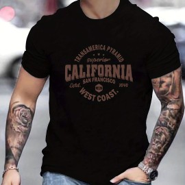 Mens Casual California West Coast Slightly Stretch Crew Neck Short Sleeve T Shirt, Male Clothes For Summer