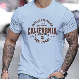 Mens Casual California West Coast Slightly Stretch Crew Neck Short Sleeve T Shirt, Male Clothes For Summer