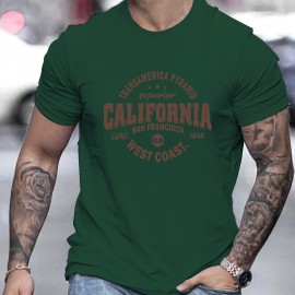 Mens Casual California West Coast Slightly Stretch Crew Neck Short Sleeve T Shirt, Male Clothes For Summer