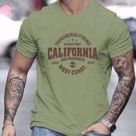 Mens Casual California West Coast Slightly Stretch Crew Neck Short Sleeve T Shirt, Male Clothes For Summer