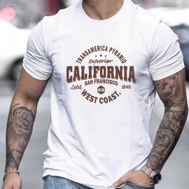 Mens Casual California West Coast Slightly Stretch Crew Neck Short Sleeve T Shirt, Male Clothes For Summer