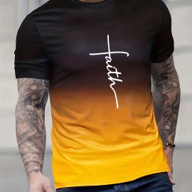 Faith Print Men's Gradient Short Sleeve T-shirt - Trendy Summer Outdoor Tee