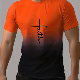 Faith Print Men's Gradient Short Sleeve T-shirt - Trendy Summer Outdoor Tee