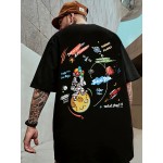 Cartoon Style Spaceman Print Men's Short Sleeve T-shirts, Comfy Casual Breathable Tops For Men's Fitness Training, Jogging, Men's Clothing