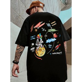 Cartoon Style Spaceman Print Men's Short Sleeve T-shirts, Comfy Casual Breathable Tops For Men's Fitness Training, Jogging, Men's Clothing