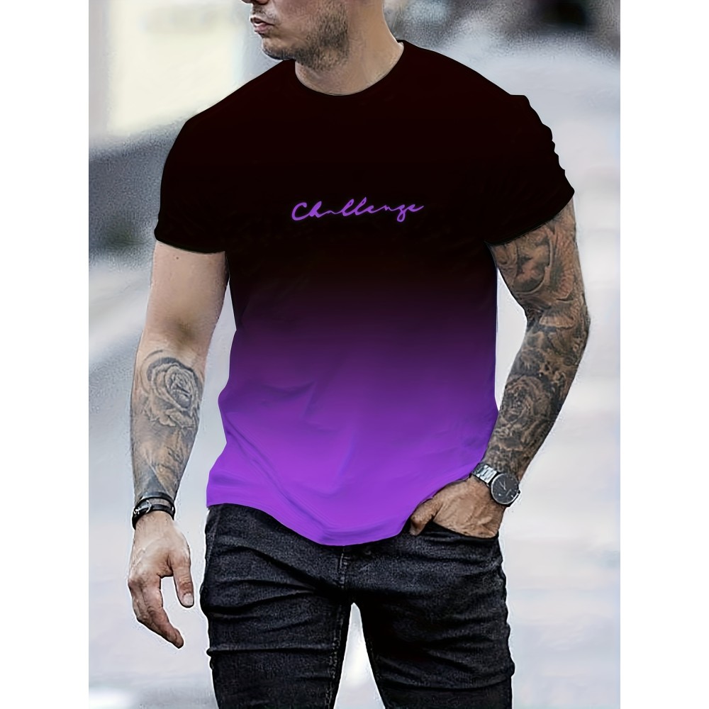 Challenge Print Men's Fashion Gradient Short Sleeve Crew Neck T-shirt, Summer Outdoor