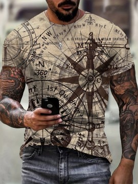 Trendy Compass 3D Digital Print Men's Graphic T-shirt - Short Sleeve Summer Tee