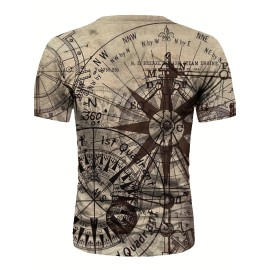 Trendy Compass 3D Digital Print Men's Graphic T-shirt - Short Sleeve Summer Tee