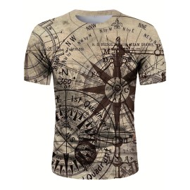 Trendy Compass 3D Digital Print Men's Graphic T-shirt - Short Sleeve Summer Tee