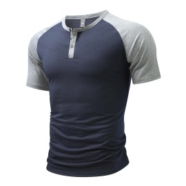 Color Block Men's Raglan Short Sleeve Breathable Comfy Sports Henley Tee, Summer Outdoor