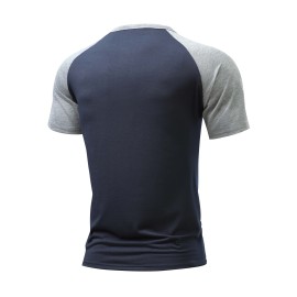 Color Block Men's Raglan Short Sleeve Breathable Comfy Sports Henley Tee, Summer Outdoor