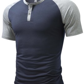 Color Block Men's Raglan Short Sleeve Breathable Comfy Sports Henley Tee, Summer Outdoor