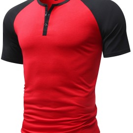 Color Block Men's Raglan Short Sleeve Breathable Comfy Sports Henley Tee, Summer Outdoor