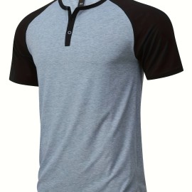 Color Block Men's Raglan Short Sleeve Breathable Comfy Sports Henley Tee, Summer Outdoor