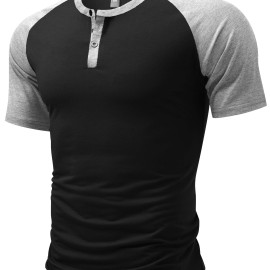 Color Block Men's Raglan Short Sleeve Breathable Comfy Sports Henley Tee, Summer Outdoor