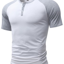 Color Block Men's Raglan Short Sleeve Breathable Comfy Sports Henley Tee, Summer Outdoor