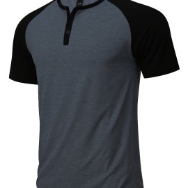 Color Block Men's Raglan Short Sleeve Breathable Comfy Sports Henley Tee, Summer Outdoor