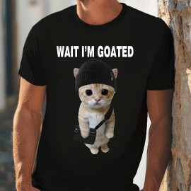 Funny Meme Cat With Hat Graphic Men's Short Sleeve T-shirt, Comfy Stretchy Trendy Tees For Summer, Casual Daily Style Fashion Clothing, Wait I'm Goated Print