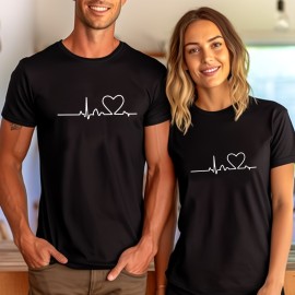 Heart and Wavy Line Graphic Print Men's Novel Graphic Design T-shirt - Casual and Comfy Summer Tee - Great Gift for Valentine's Day