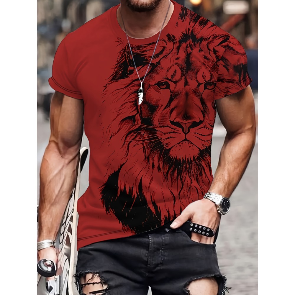 Men's Trendy Bold Red With Lion Graphic Print Short Sleeve T-Shirt, Casual Streetwear, Crew Neck Tee, Comfort Fit Summer Top