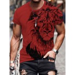 Men's Trendy Bold Red With Lion Graphic Print Short Sleeve T-Shirt, Casual Streetwear, Crew Neck Tee, Comfort Fit Summer Top