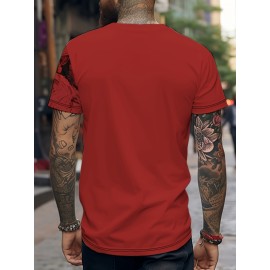 Men's Trendy Bold Red With Lion Graphic Print Short Sleeve T-Shirt, Casual Streetwear, Crew Neck Tee, Comfort Fit Summer Top