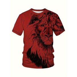 Men's Trendy Bold Red With Lion Graphic Print Short Sleeve T-Shirt, Casual Streetwear, Crew Neck Tee, Comfort Fit Summer Top