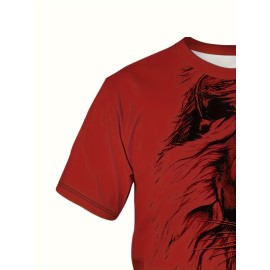 Men's Trendy Bold Red With Lion Graphic Print Short Sleeve T-Shirt, Casual Streetwear, Crew Neck Tee, Comfort Fit Summer Top