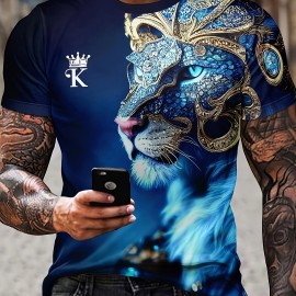 Men's 3D Lion Diamond Print Graphic Tee - Stylish Comfy Summer T-Shirt For Daily Wear & Vacation Resorts