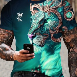 Men's 3D Lion Diamond Print Graphic Tee - Stylish Comfy Summer T-Shirt For Daily Wear & Vacation Resorts