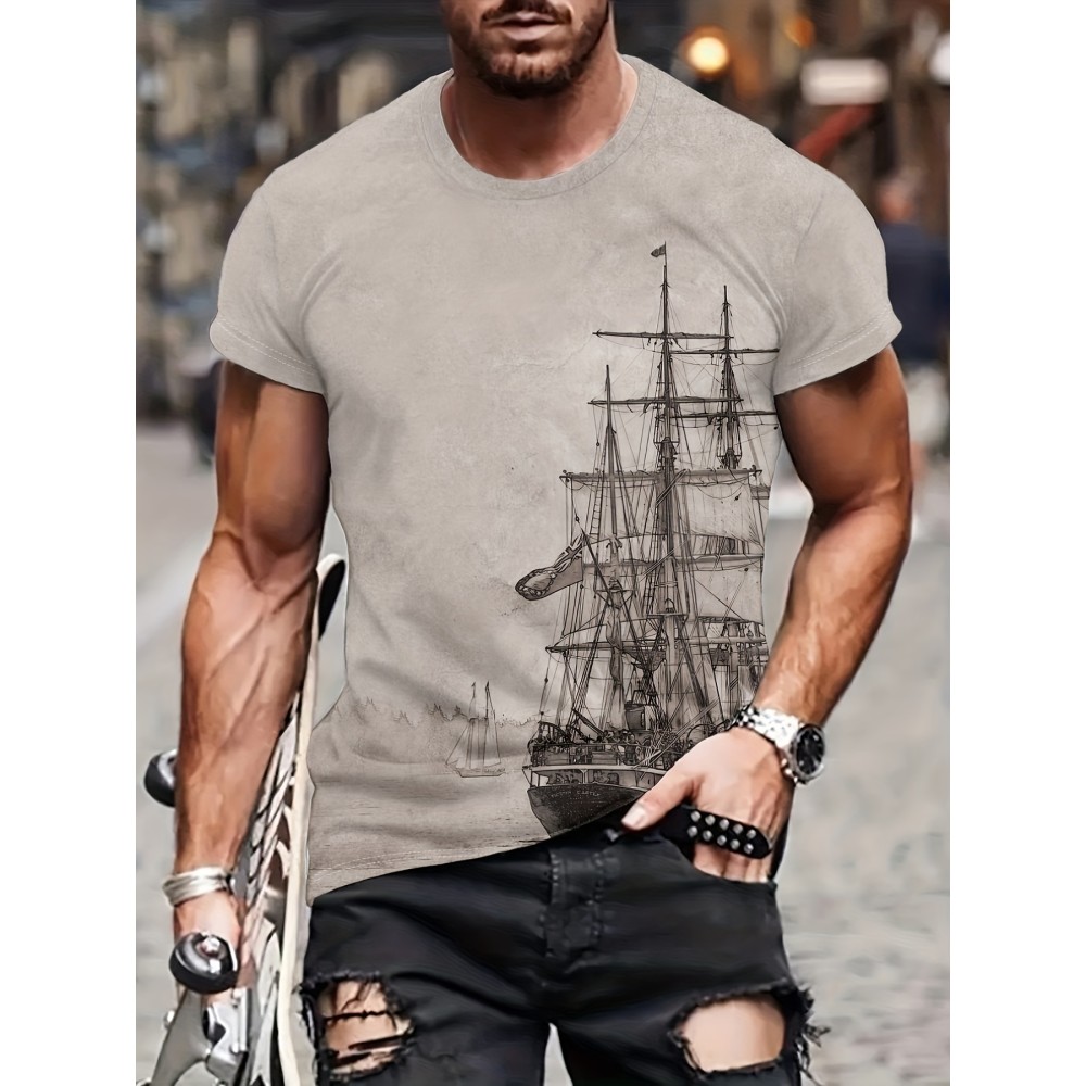 Tees For Men, Galleon Sailing Ship Print T Shirt, Casual Short Sleeve Tshirt For Summer Spring Fall, Tops As Gifts