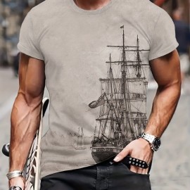 Tees For Men, Galleon Sailing Ship Print T Shirt, Casual Short Sleeve Tshirt For Summer Spring Fall, Tops As Gifts