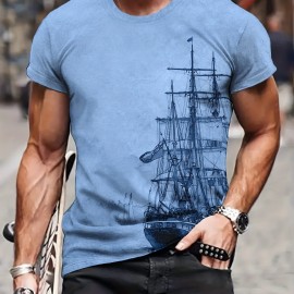 Tees For Men, Galleon Sailing Ship Print T Shirt, Casual Short Sleeve Tshirt For Summer Spring Fall, Tops As Gifts