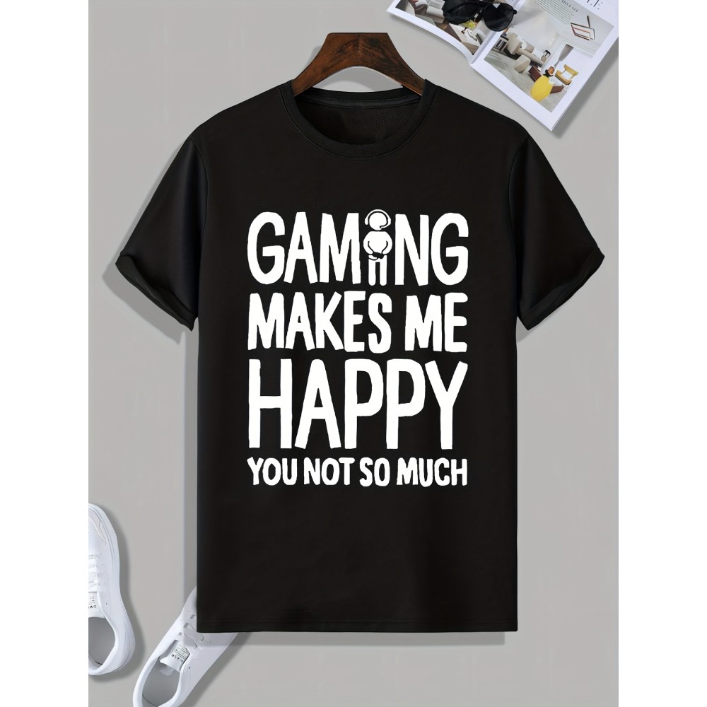 Tees For Men, Funny 'Gaming Make Me Happy' Print T Shirt, Casual Short Sleeve Tshirt For Summer Spring Fall, Tops As Gifts