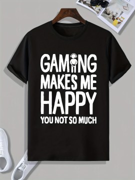 Tees For Men, Funny 'Gaming Make Me Happy' Print T Shirt, Casual Short Sleeve Tshirt For Summer Spring Fall, Tops As Gifts