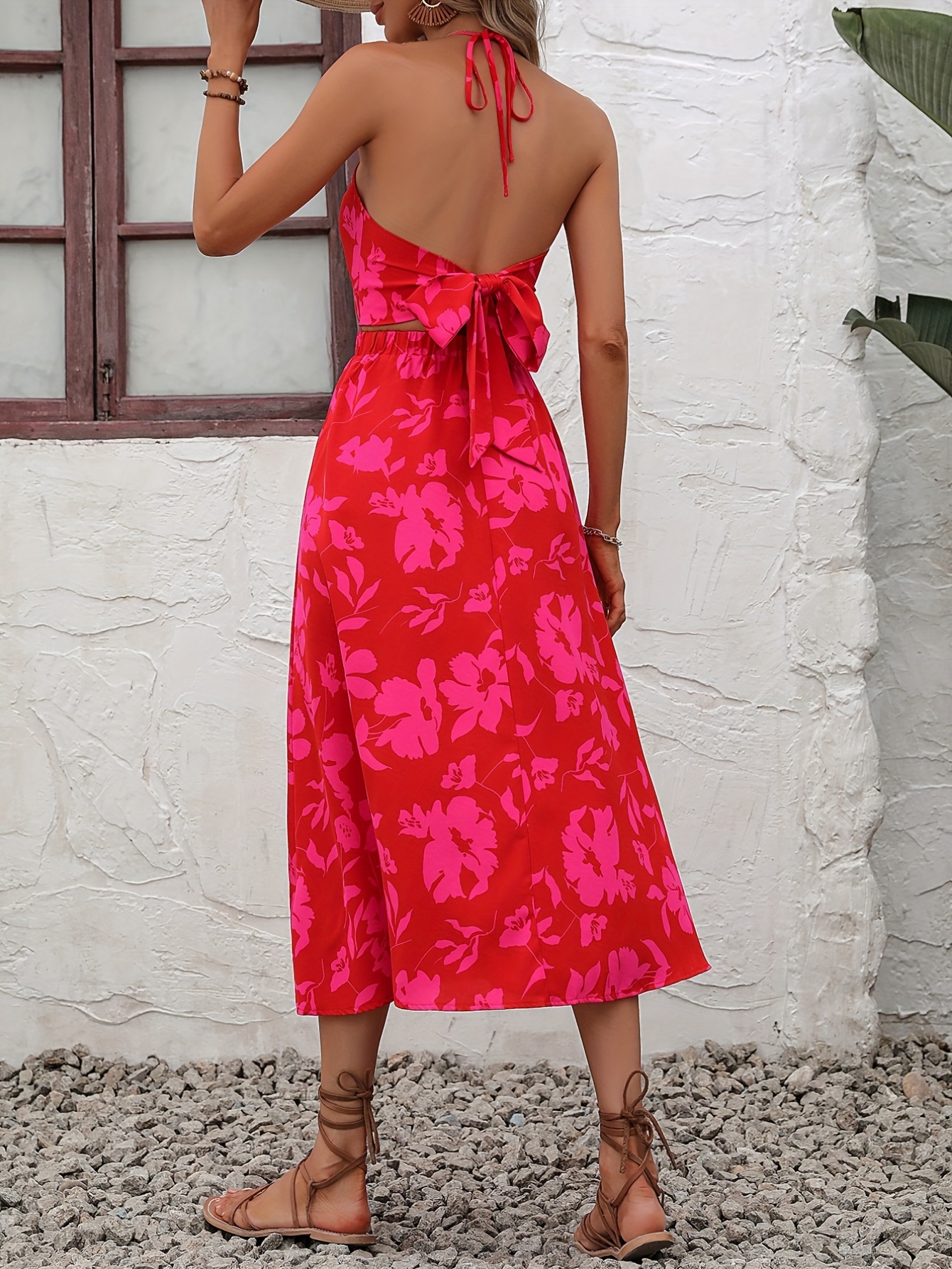 floral print halter neck dress vacation cut out sleeveless maxi dress womens clothing details 0