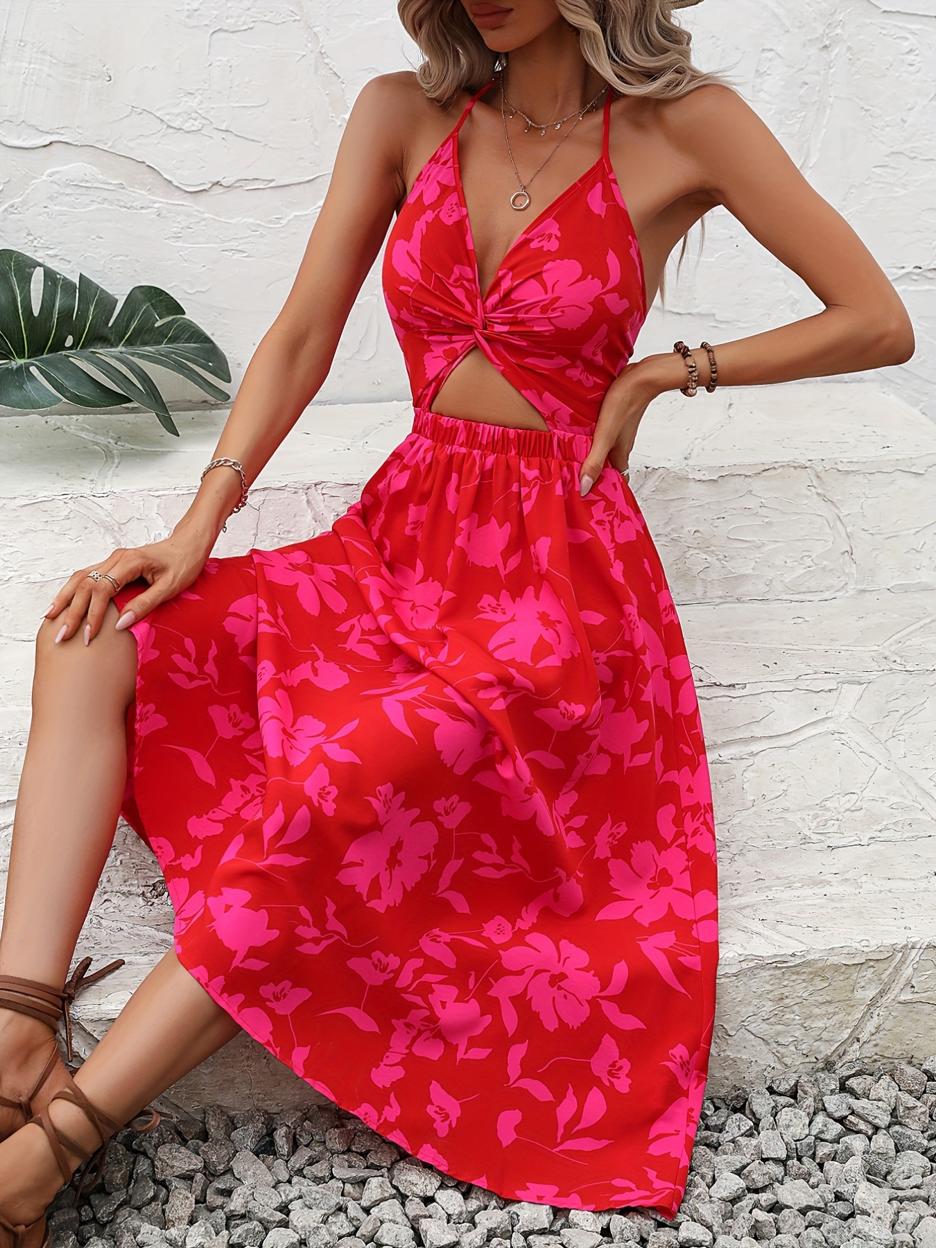 floral print halter neck dress vacation cut out sleeveless maxi dress womens clothing details 2