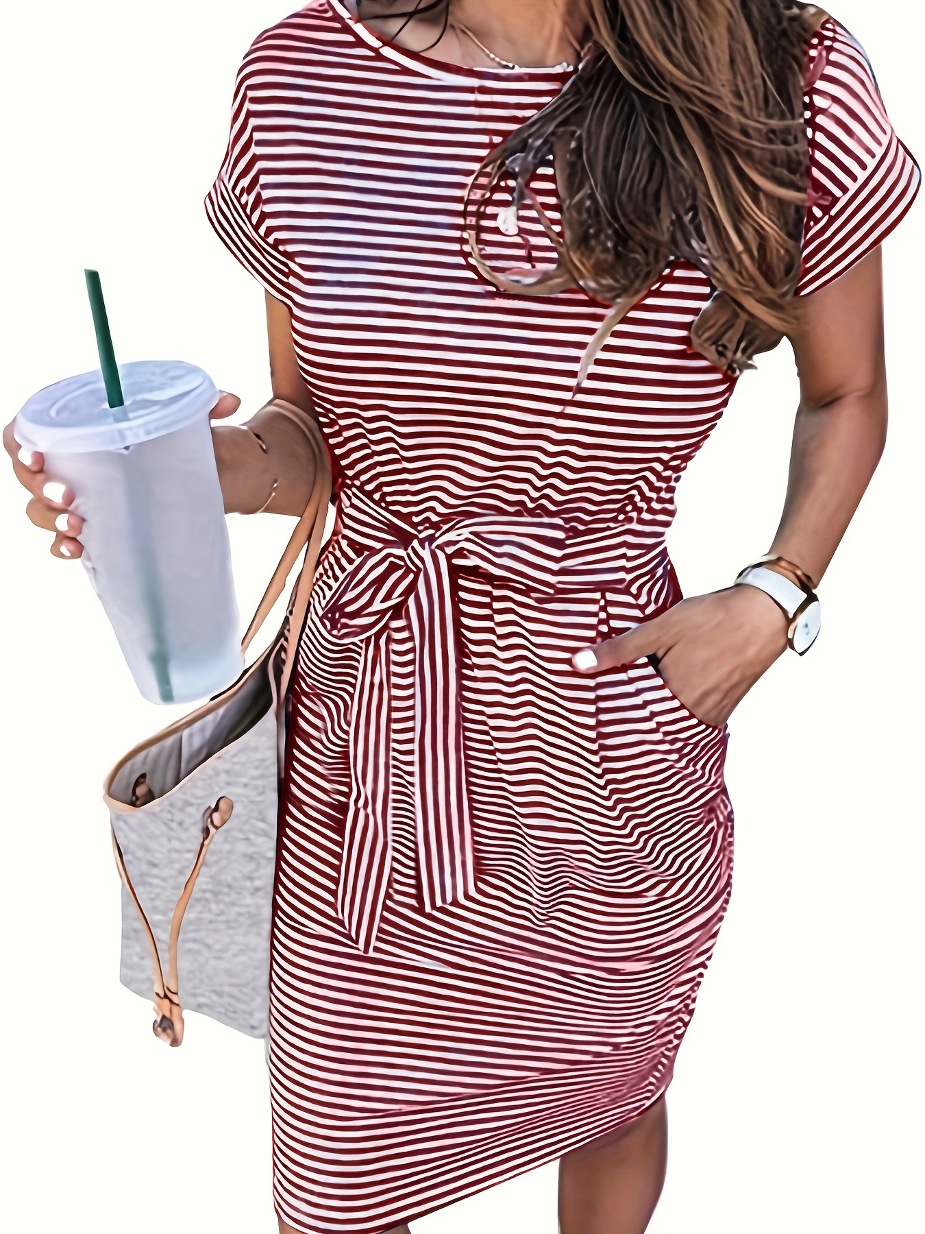 striped round neck slim dress casual buttons belt waist summer short sleeve t shirt dresses womens clothing details 4